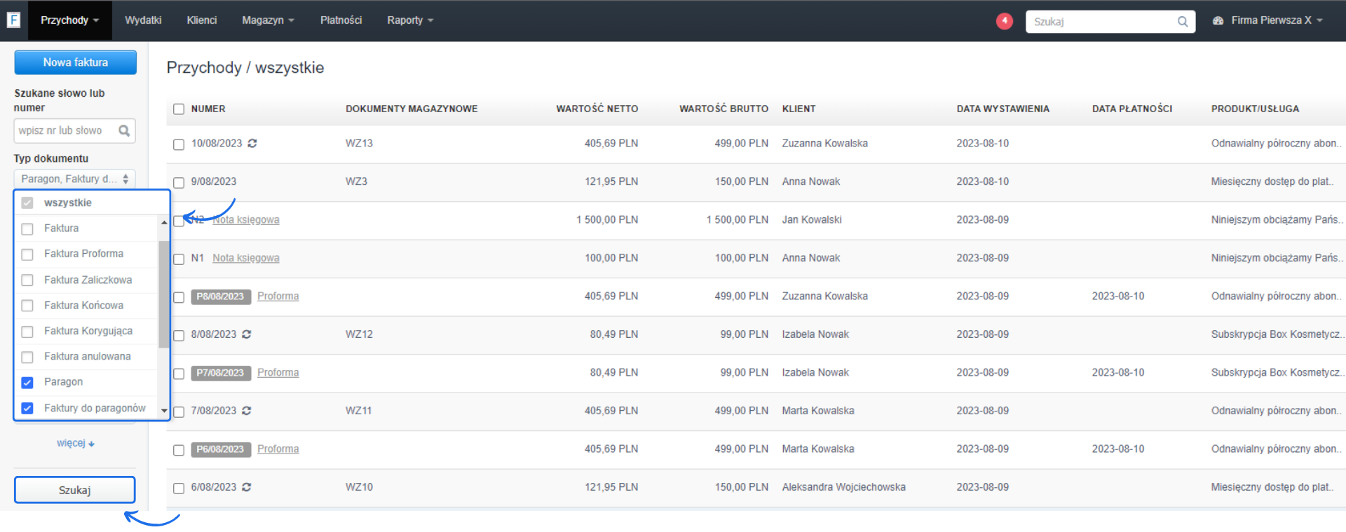 Interfejs użytkownika wyświetlający listę dokumentów przychodowych z datami, numerami, wartościami netto i brutto, oraz nazwami klientów.