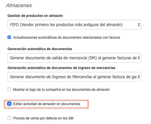 documentos de almacén ajustes