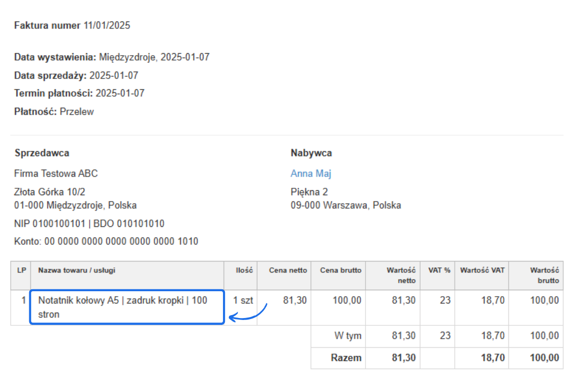 Podgląd faktury z datą wystawienia, sprzedawcą Firma Testowa ABC, nabywcą Anna Maj, oraz szczegółami produktu 'Notatnik kołowy A5 | zadruk kropki | 100 stron'.