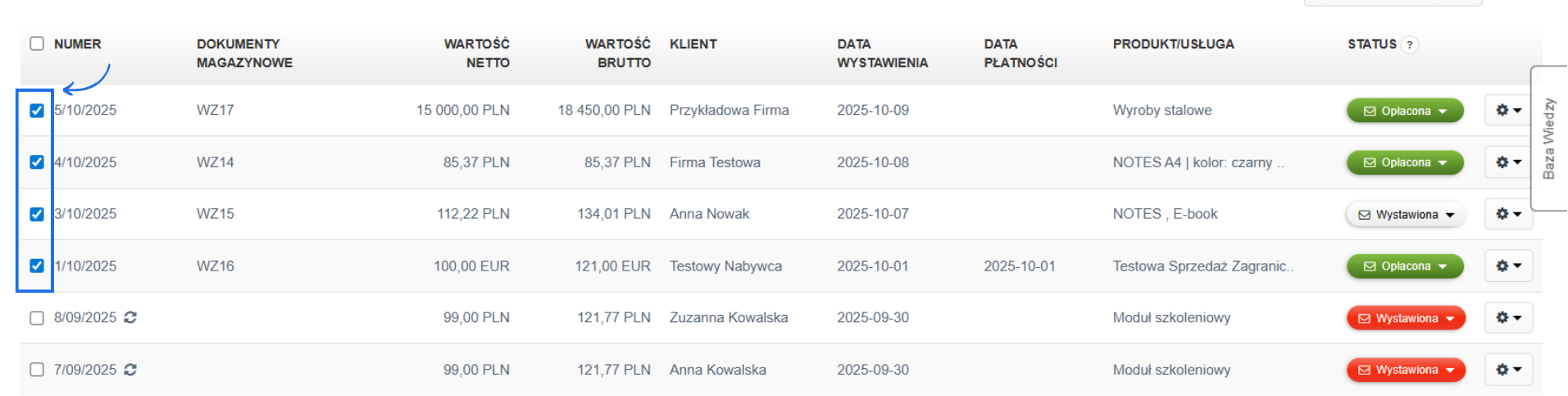 Lista faktur sprzedażowych wystawionych w październiku 2025 z zaznaczonymi kilkoma fakturami do eksportu.