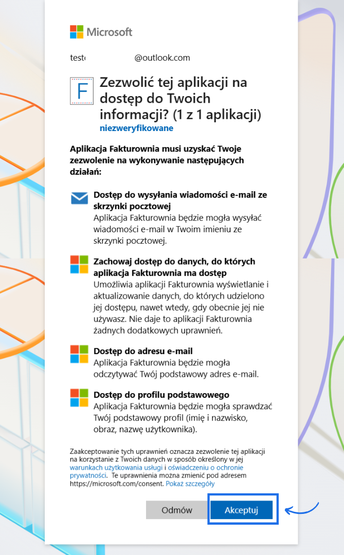 Lista zgód wymaganych do akceptacji przy połączeniu konta w Microsoft z kontem w Fakturowni dla wysyłki przez własny serwer.