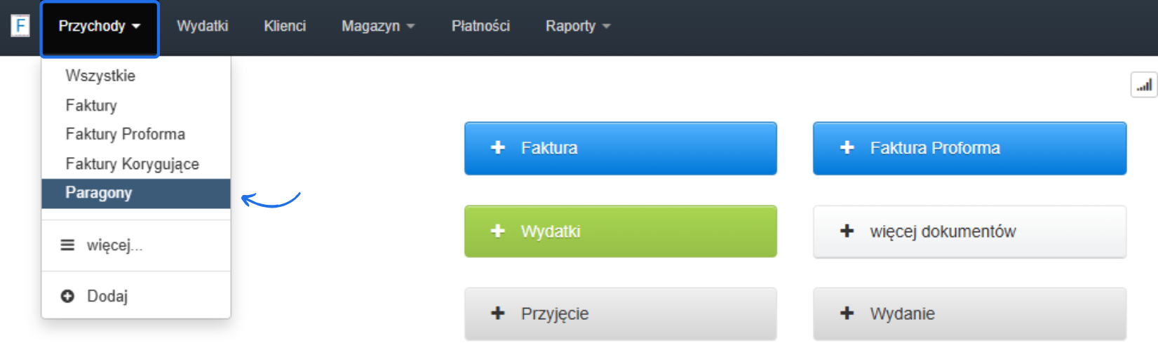 Widok systemu księgowego z rozwiniętym menu 'Przychody'. Zaznaczona opcja 'Paragony', umożliwiająca dostęp do listy wystawionych paragonów.