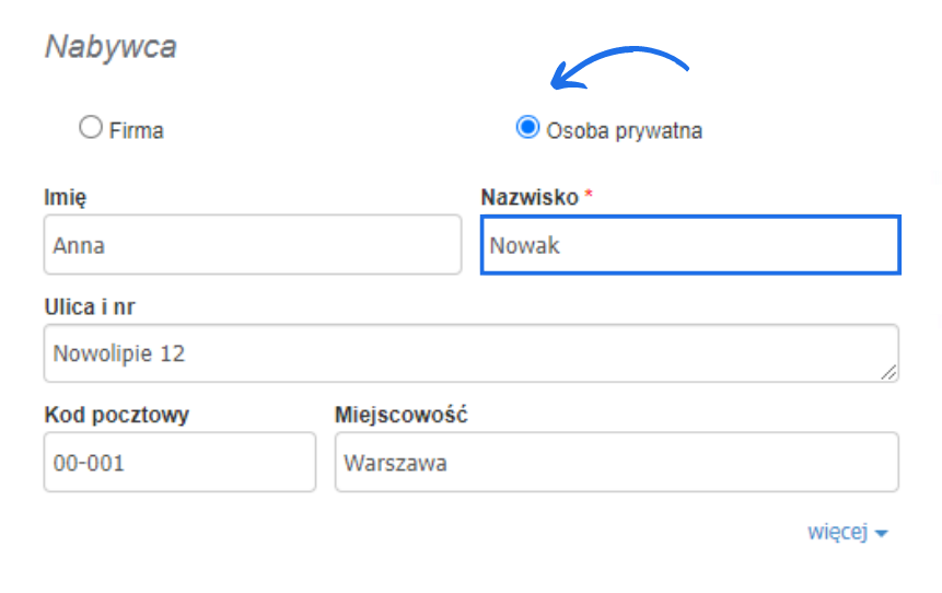 Formularz danych nabywcy w Fakturownia.pl z zaznaczoną opcją 'Osoba prywatna' i wypełnionymi polami imienia, nazwiska oraz adresu.