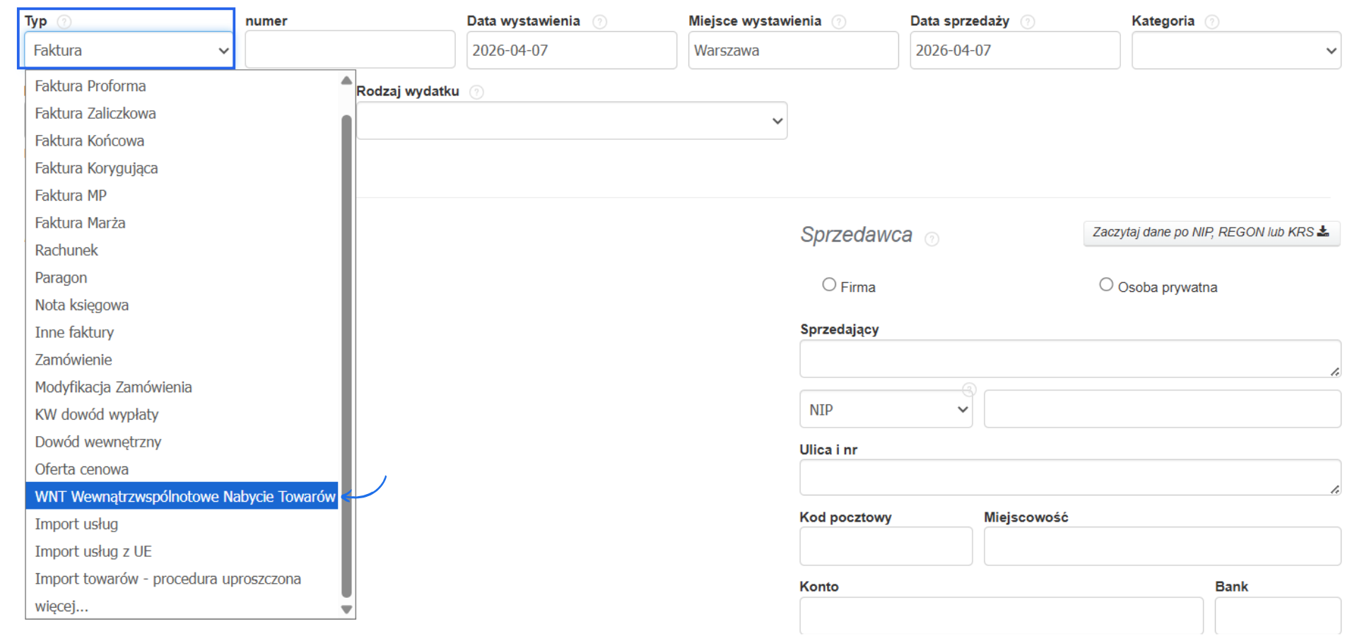 Formularz tworzenia faktury kosztowej z listą typu dokumentu do wyboru w tym WNT.