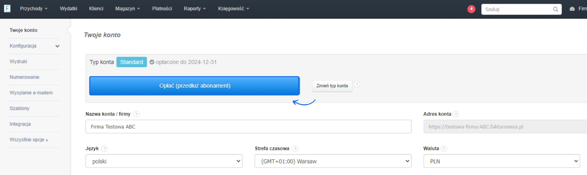 Ekran ustawień konta pokazujący aktywny plan Standard dla firmy Testowa Firma ABC z opcjami 'Opłać (przedłuż abonament)' i 'Zmień typ konta'.