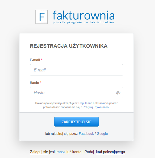 Formularz rejestracji użytkownika w Fakturowni z polami na e-mail, hasło i przyciskiem 'Zarejestruj się'.