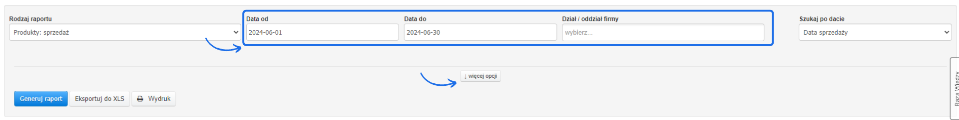 Ekran generowania raportu sprzedaży produktów w systemie księgowym z ustawionym zakresem dat od 2024-06-01 do 2024-06-30 oraz opcjami eksportu do XLS i wydruku.