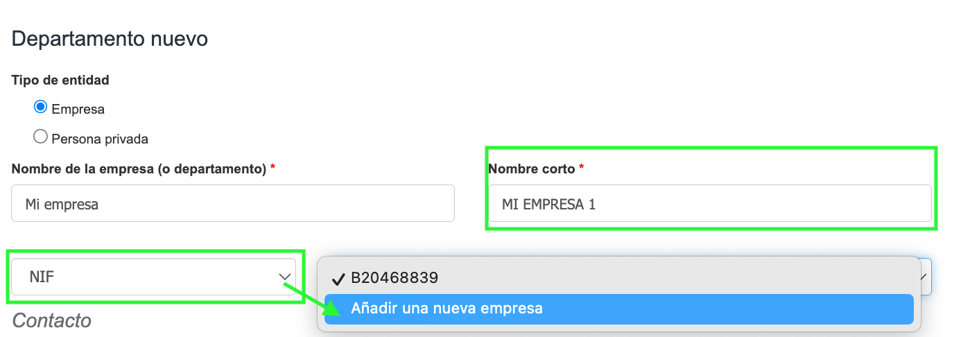Botón Añadir nuevo departamento en BitFactura para crear una empresa con NIF diferente