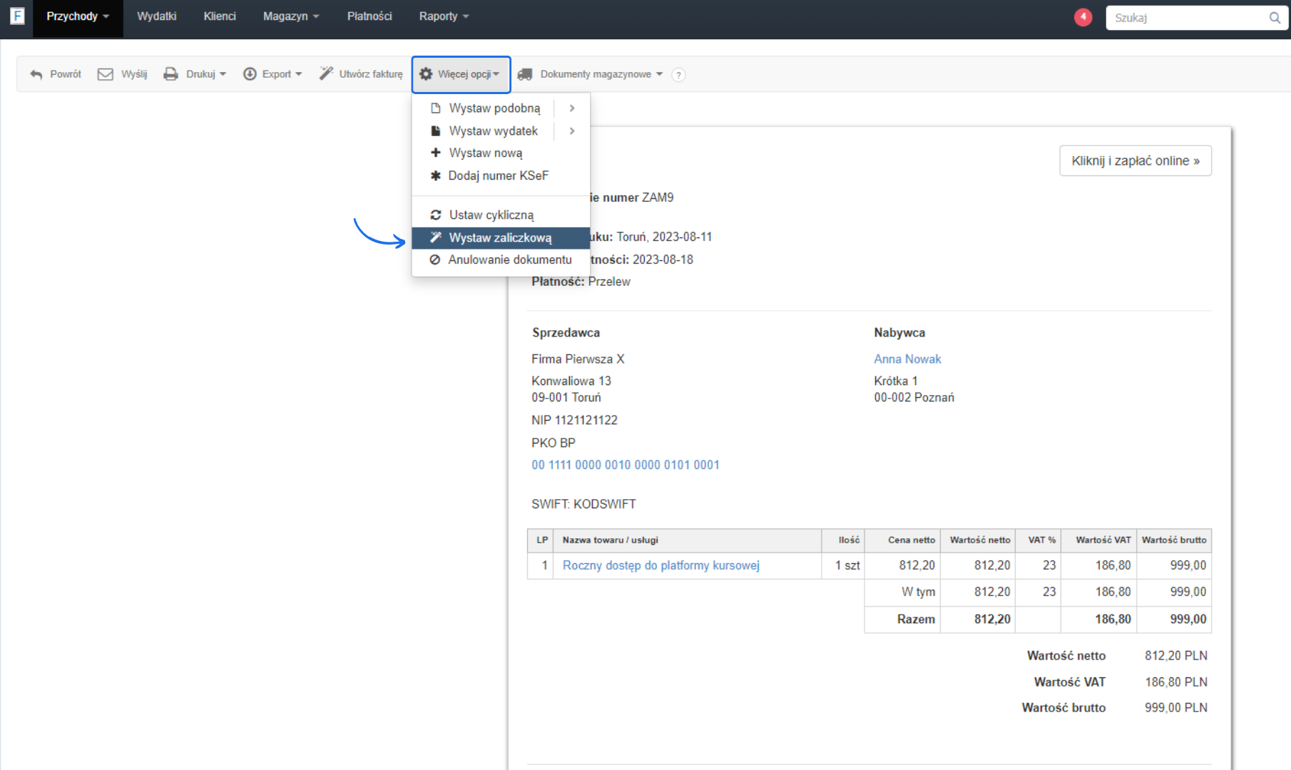 Ekran systemu fakturowego pokazujący opcje wystawienia faktury zaliczkowej dla zamówienia o wartości 999,00 PLN z opcją ustawienia cykliczności.