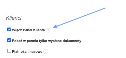 Ustawienia klienta w Fakturowni z zaznaczoną opcją „Włącz Panel Klienta” i „Pokaż w panelu tylko wysłane dokumenty”.