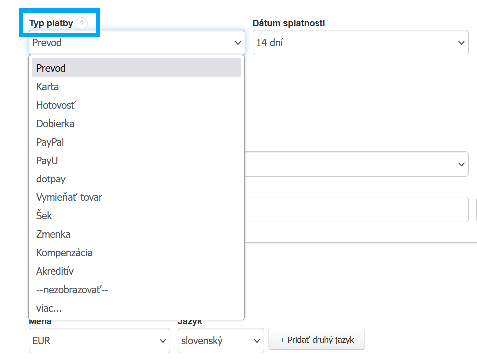 screen obrazujący rodzaje płatności za fakturę