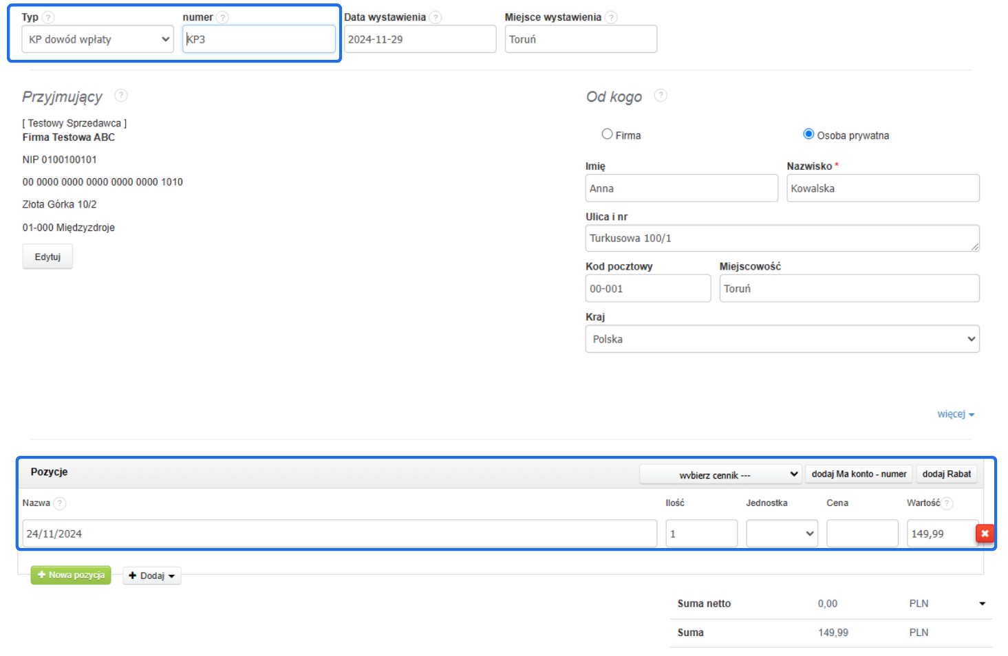 Formularz tworzenia dokumentu KP dowód wpłaty z danymi sprzedawcy, nabywcy oraz pozycją faktury z datą i kwotą 149,99 PLN.