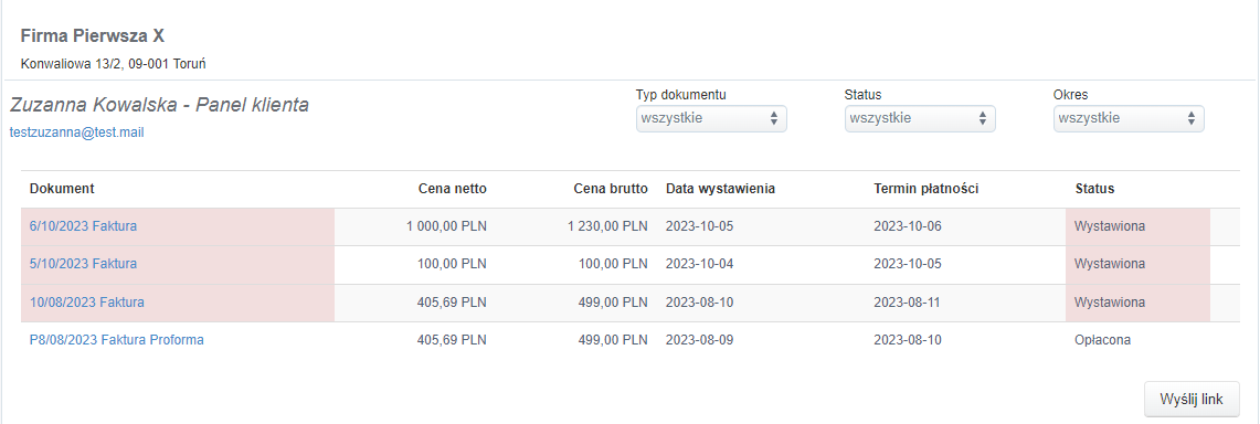 Lista dokumentów w panelu klienta Zuzanny Kowalskiej – faktury z datami, kwotami brutto i statusem: wystawiona lub opłacona.
