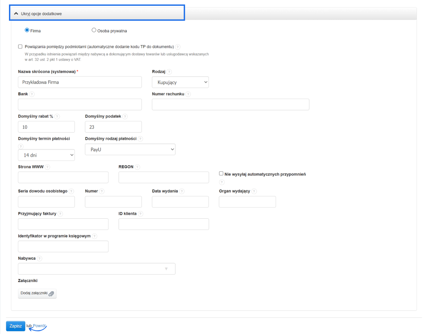 Formularz tworzenia klienta w bazie systemu do fakturowania - szczegółowe informacje odnośnie rabatów czy form płatności.