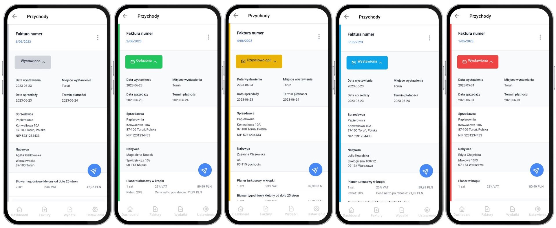 Ekran aplikacji Fakturownia – podgląd faktur z różnymi statusami: wystawiona, opłacona, częściowo opłacona, oraz kolorowe oznaczenia.