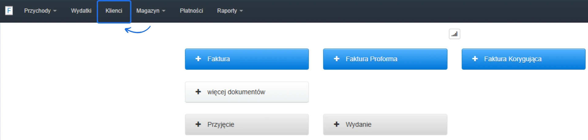 Interfejs systemu do zarządzania fakturami z zaznaczoną zakładką 'Klienci' w menu nawigacyjnym.