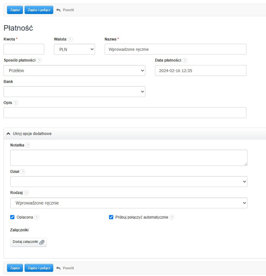 Formularz dodawania płatności w systemie księgowym z polami kwoty, waluty, daty płatności, sposobu płatności i opcją załączników.