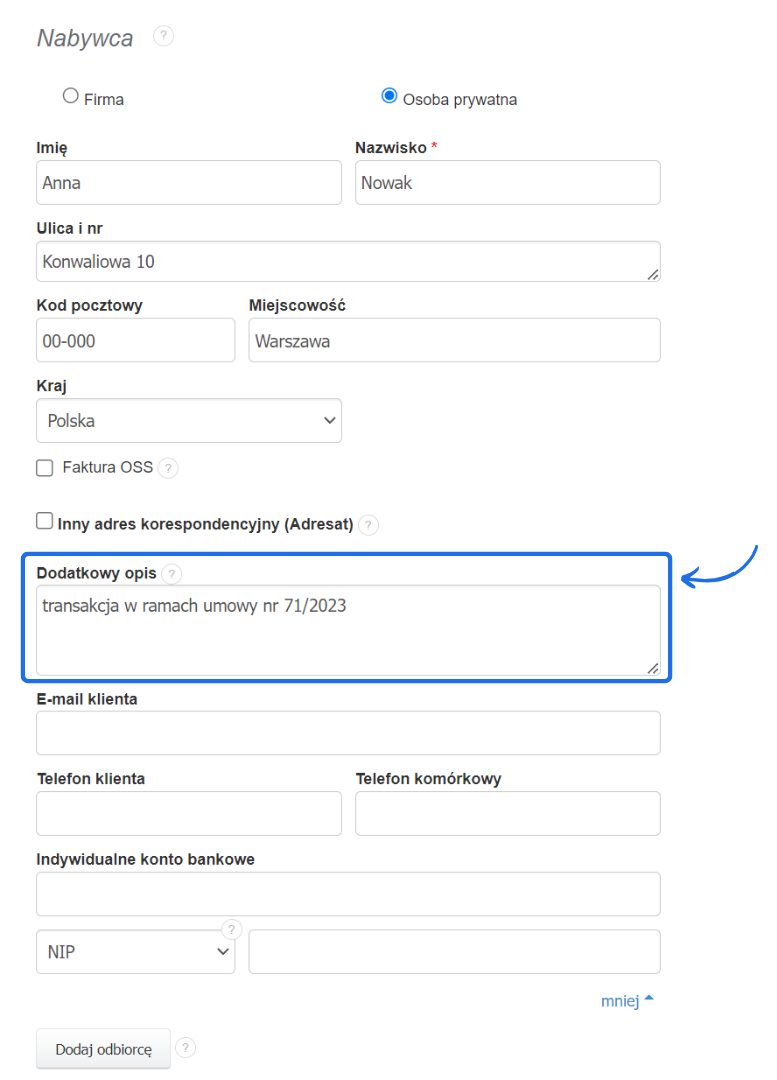 Formularz danych nabywcy z wypełnionym polem 'Dodatkowy opis', który może zawierać dodatkowe informacje istotne z punktu widzenia transakcji z klientem.