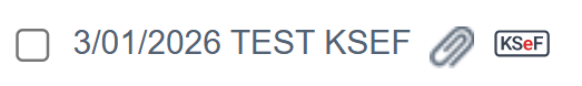Wiersz z fakturą testową KSeF z datą 3/01/2026, ikoną załącznika i oznaczeniem pochodzenia z Krajowego Systemu e-Faktur.