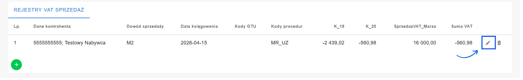 Rejestry VAT sprzedaży w danych księgowych faktury VAT marża z opcją edycji rejestrów.
