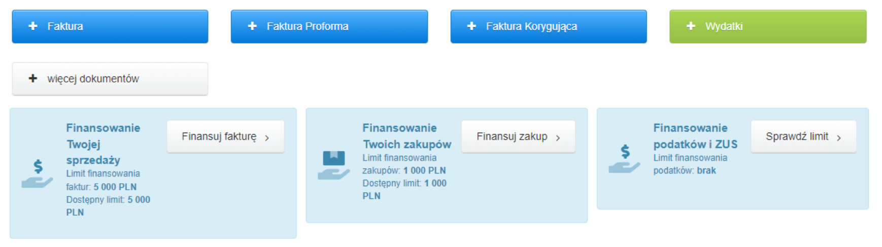 Panel finansowania faktur, zakupów i podatków na stronie głównej Fakturowni z dostępnymi limitami finansowania.