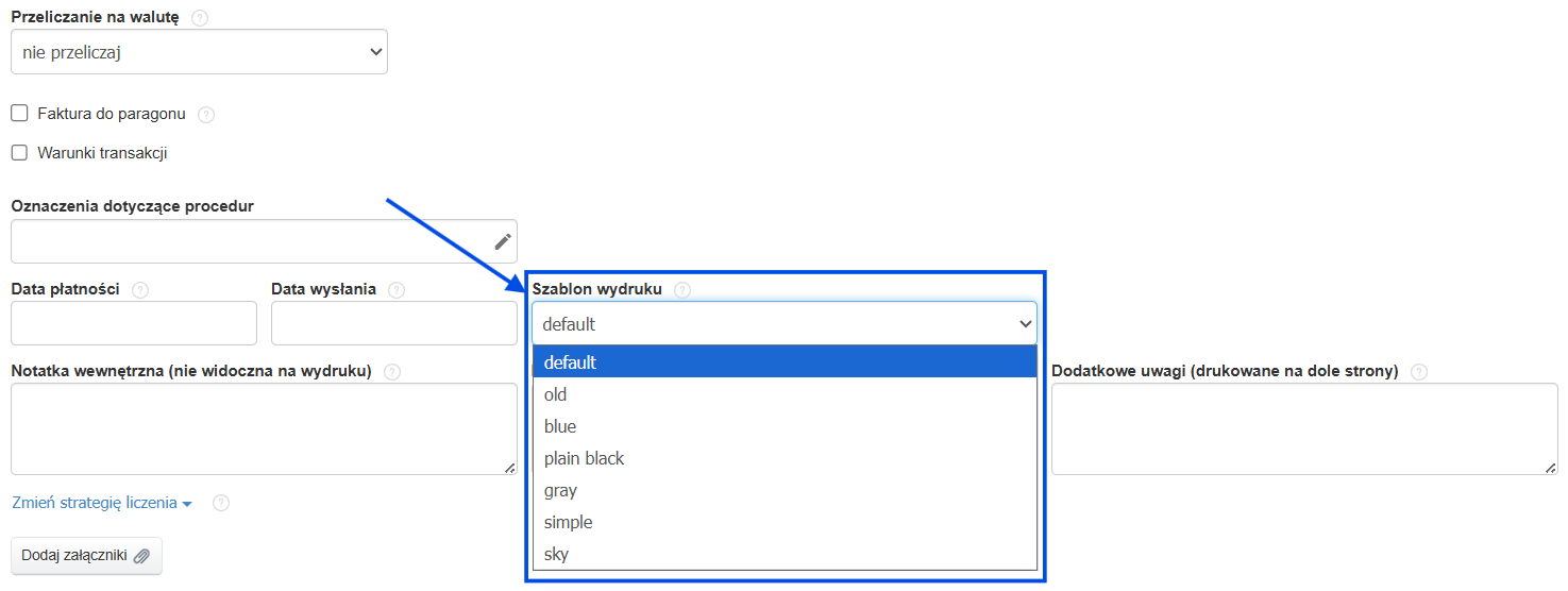 Formularz tworzenia i edycji faktury z opcją wyboru i zmiany szablonu wydruku.