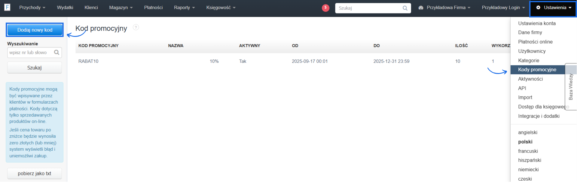 Lista kodów promocyjnych na koncie w systemie Fakturownia ze szczegółami kodu oraz możliwością tworzenia kolejnych.