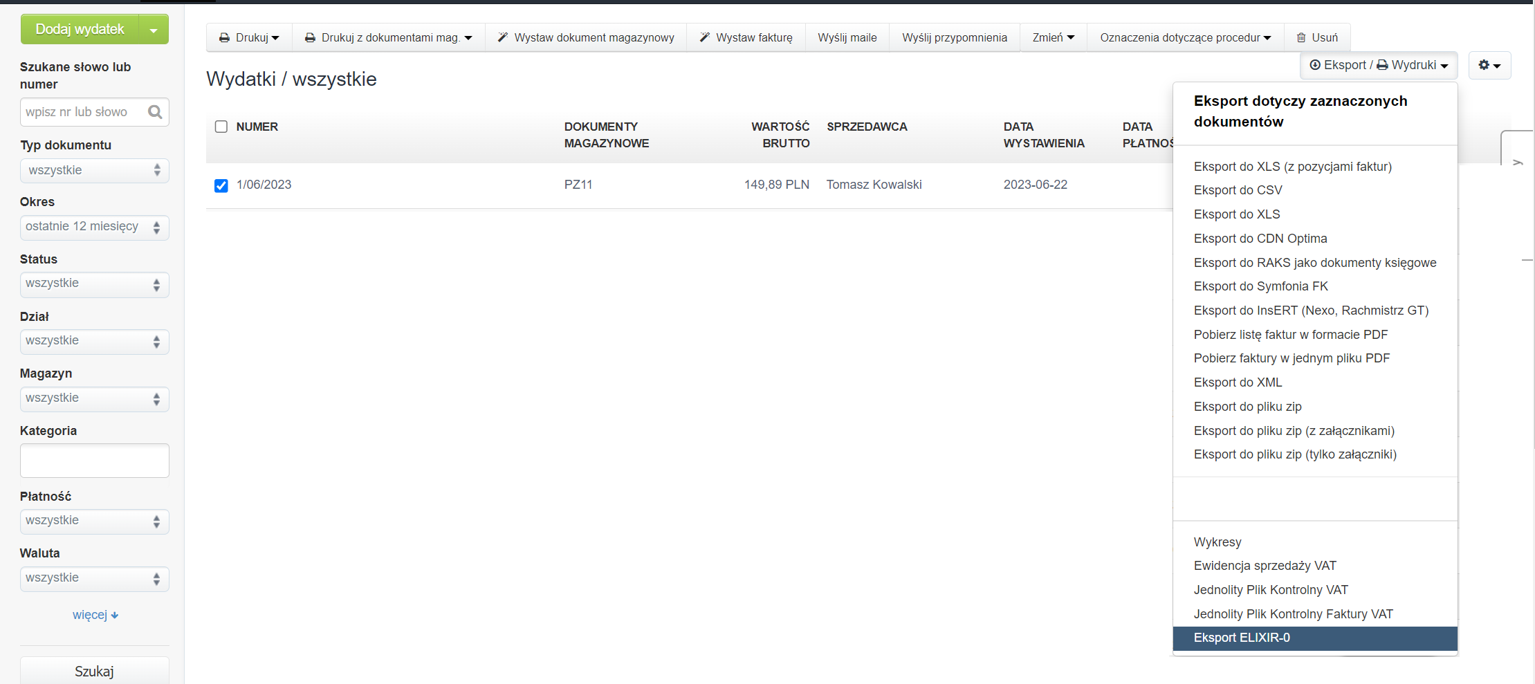 Panel wydatków w Fakturowni z opcją eksportu dokumentów do różnych formatów, w tym ELIXIR-0, oraz szczegółami dotyczącymi wybranego wydatku.