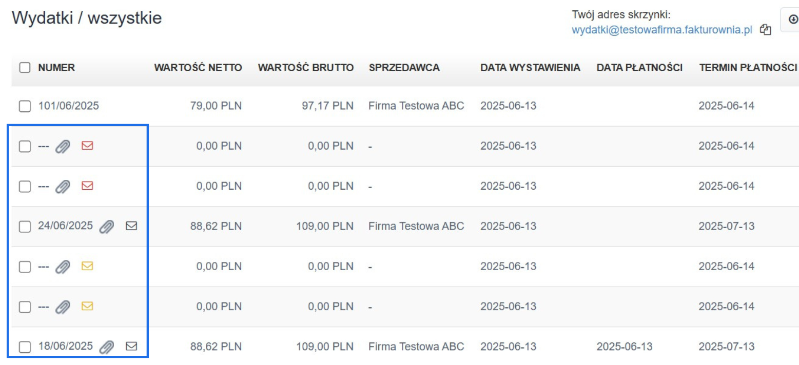 Widok listy wydatków w systemie Fakturownia, z różnymi statusami dokumentów, ikonami e-maili i informacją o płatności.