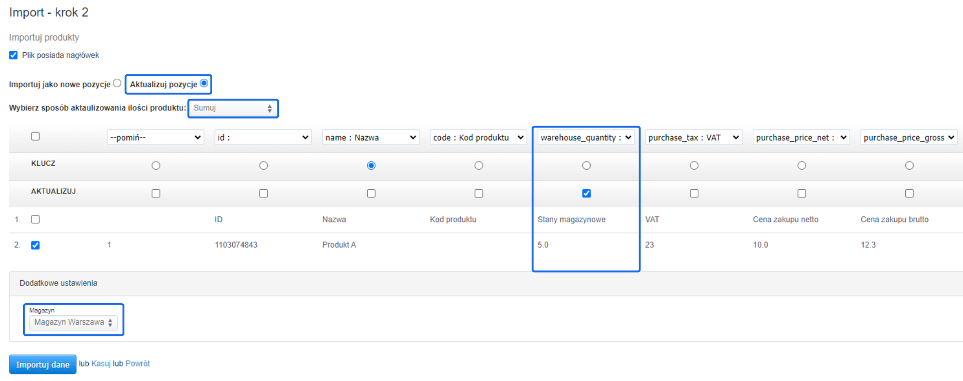Ekran importu produktu, ustawienie aktualizacji pozycji, sumowanie stanów magazynowych, wybrany magazyn Warszawa.