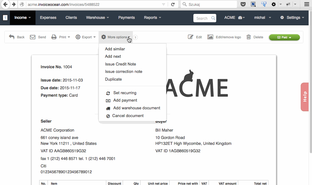 receipt based on invoice