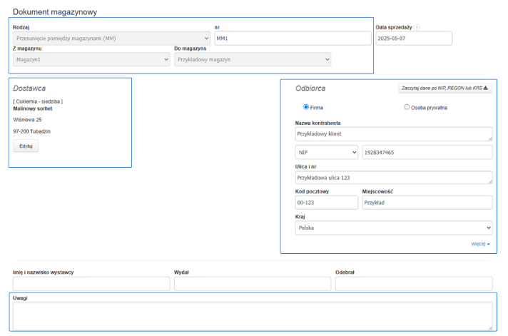 Formularz dokumentu magazynowego MM w Fakturownia – dane dostawcy, odbiorcy, magazynów i szczegóły przesunięcia.