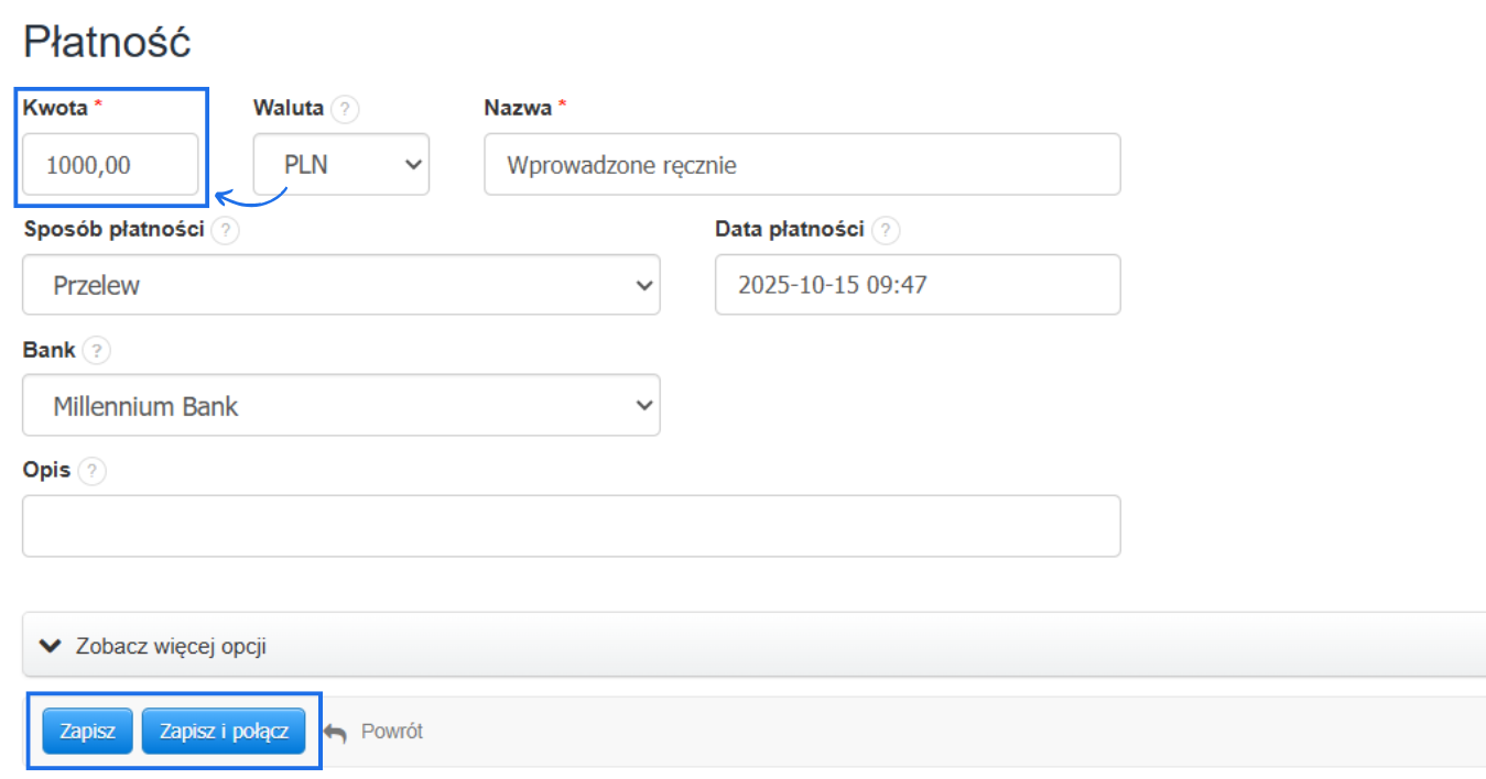 Formularz dodawania płatności z możliwością określenia daty, wybrania sposobu płatności, banku oraz daty płatności, czyli dnia, kiedy rzeczywiście otrzymałeś należność od kontrahenta.