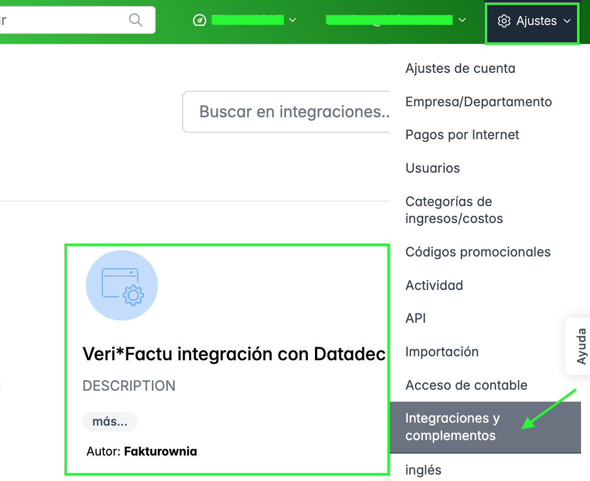 Pestaña Integraciones y complementos con opción DATADEC para activar VERIFACTU