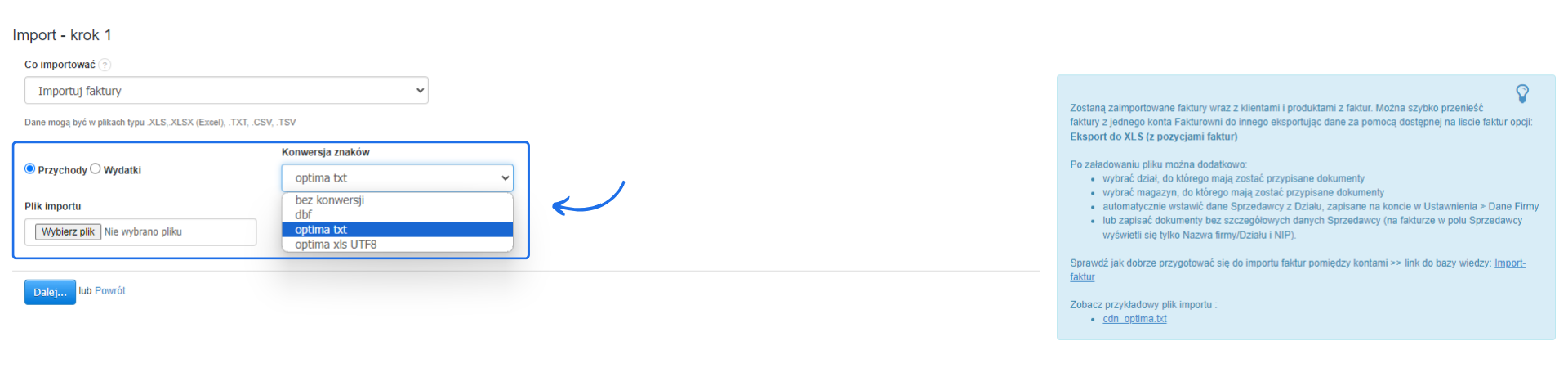Krok 1 importu z możliwością wyboru między fakturami jako przychody i wydatki, wyborem konwersji znaków i możliwością wgrania pliku.