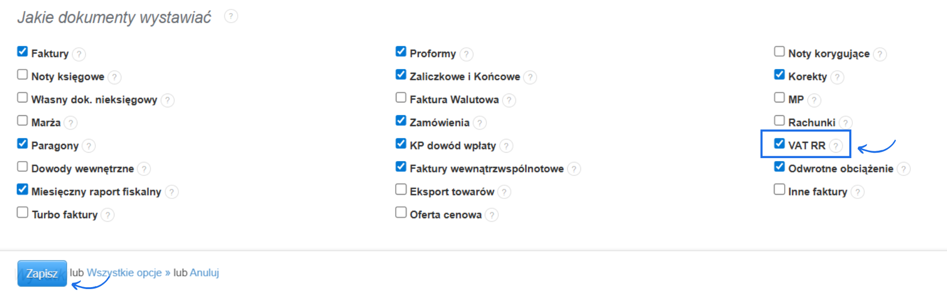 Ustawienia konta w systemie do fakturowania online z aktywną sekcją do aktywacji typów dokumentów w tym faktury VAT RR.