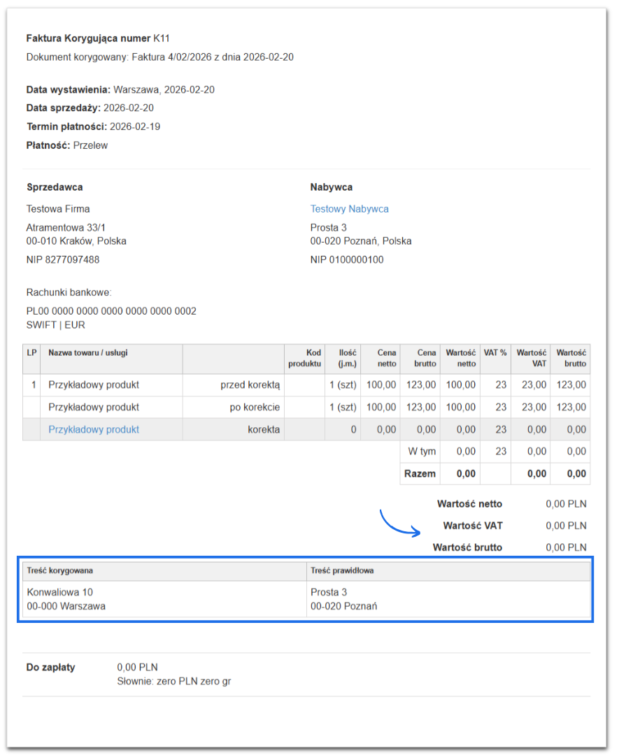 Przykład korekty na koncie bez integracji z KSeF z uzupełnionymi pola treść korygowana i treść prawidłowa.