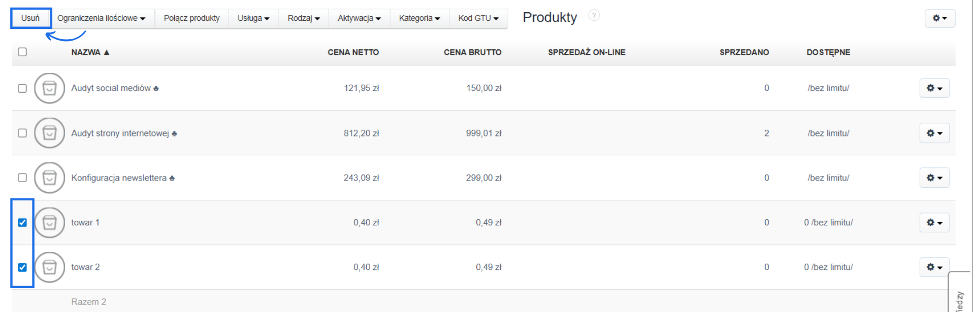 Lista produktów w bazie z masową możliwością usunięcia wybranych produktów.