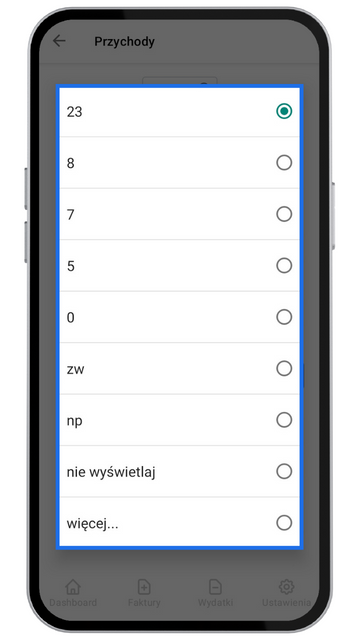 Ekran aplikacji Fakturownia – lista wyboru stawek VAT. Zaznaczona opcja 23%, dostępne także m.in. 8%, 7%, 5%, 0%, zw, np i opcja ukrycia VAT.