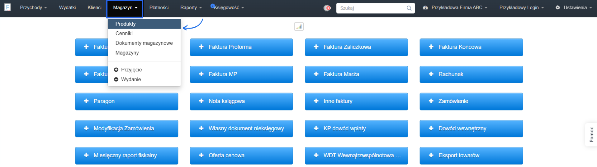 Zakładka magazyn z opcją podglądu listy produktów w systemie Fakturownia.