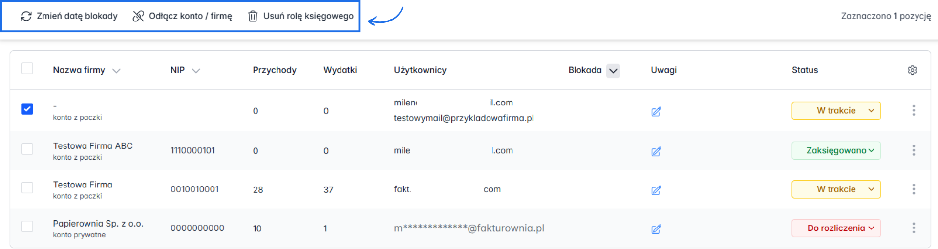 Akcje zbiorcze takie jak: zmiana daty blokady, odłączenie konta/firmy czy usunięcie roli księgowego dostępne na liście obsługiwanych firm w ramach panelu.