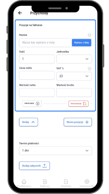 Zrzut ekranu z aplikacji mobilnej, pokazujący formularz dodawania pozycji na fakturze, z polami do wprowadzenia nazwy, ilości, ceny netto, VAT oraz wartości netto i brutto.
