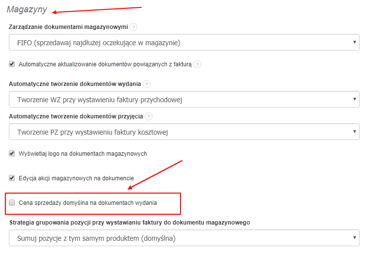 cena sprzdaży domyślną ceną