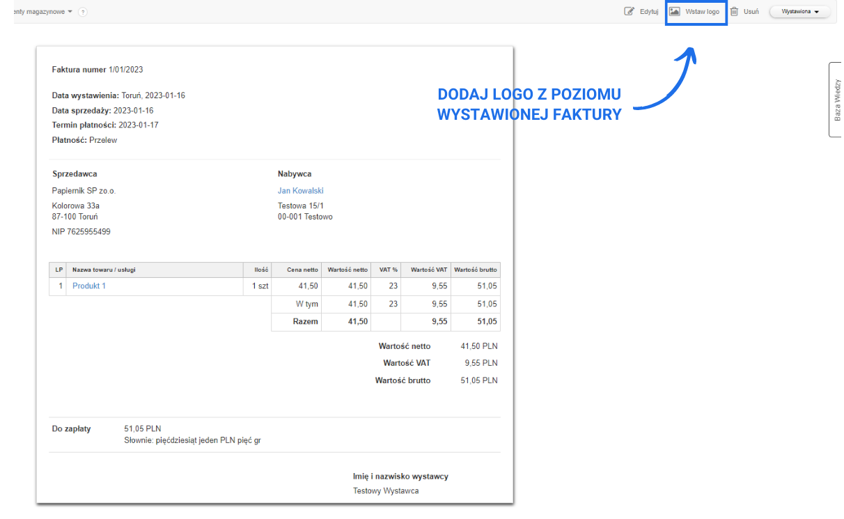 Podgląd faktury z opcją dodania logo, widocznym przyciskiem 'Wstaw logo' i przykładowymi danymi sprzedawcy oraz nabywcy.