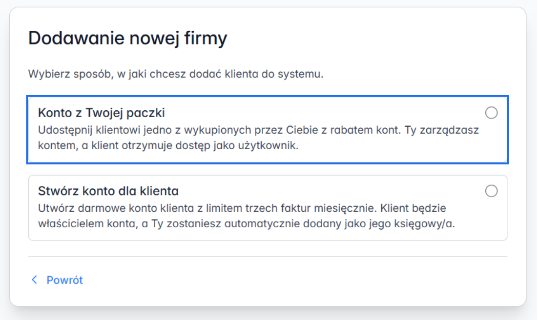 Opcje dodawania nowej firmy w ramach panelu obsługiwanych firm w systemie Fakturownia z aktywną opcją konto z Twojej paczki.