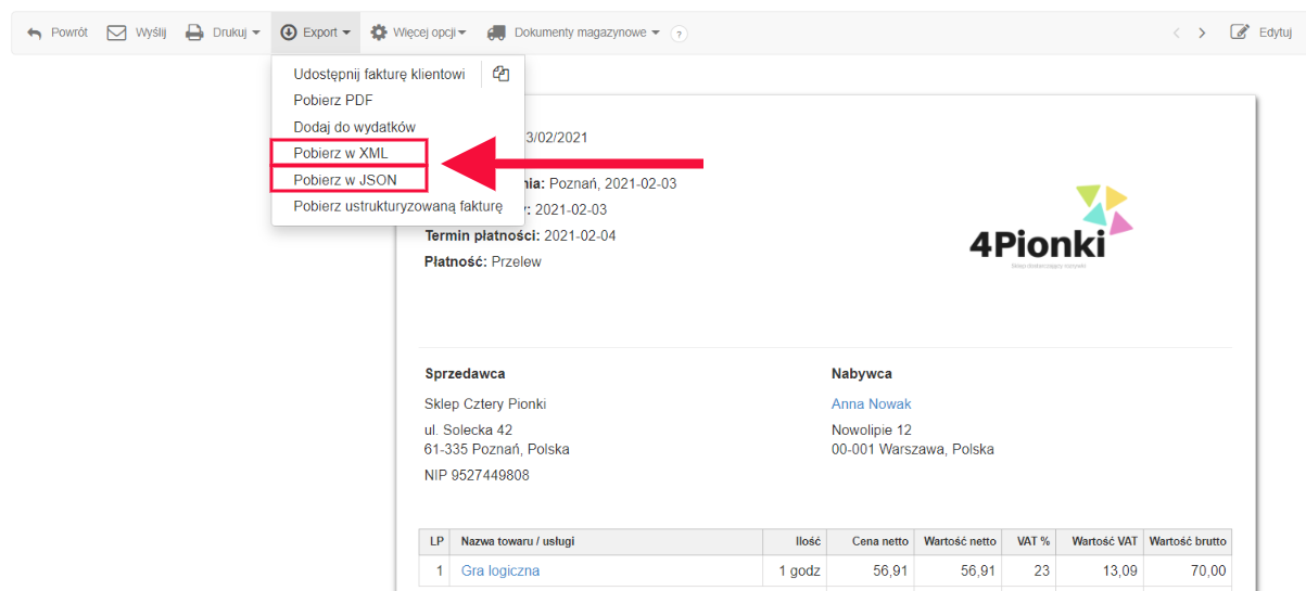 eksport danych do xml lubjson
