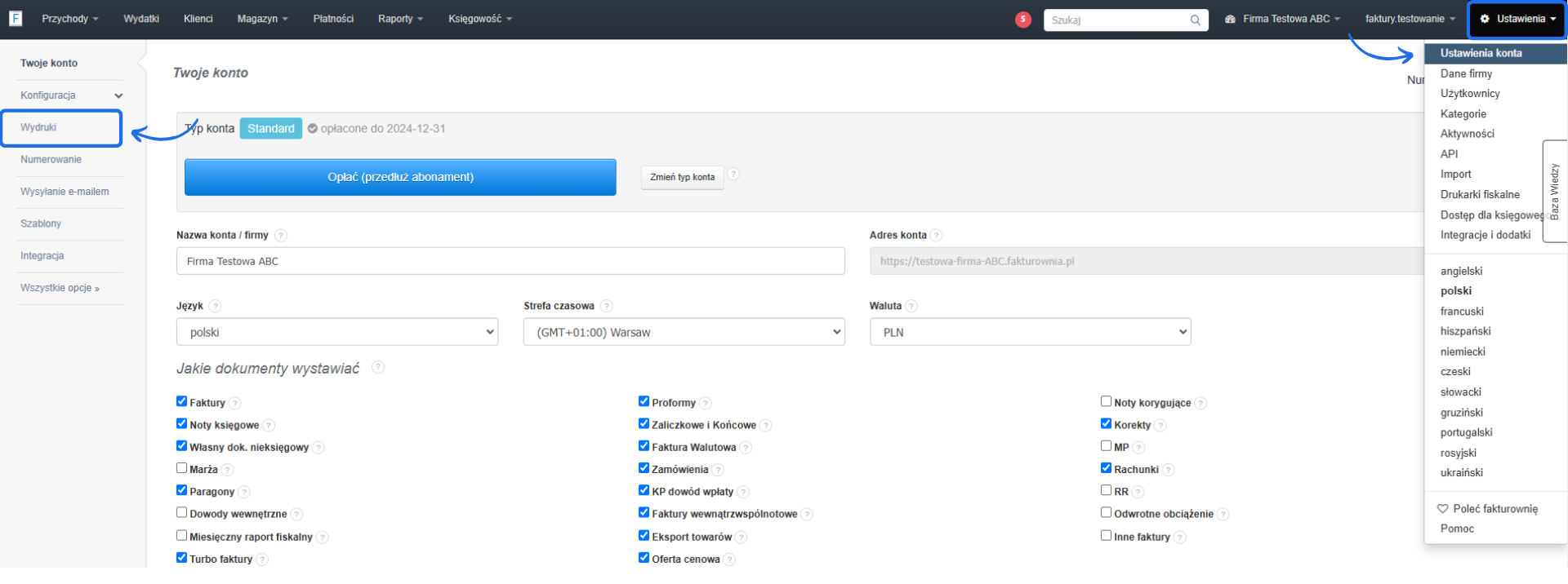 Panel ustawień konta z opcjami wydruków, typem konta, językiem, strefą czasową, walutą i listą dokumentów do wystawiania, jak faktury, paragony.