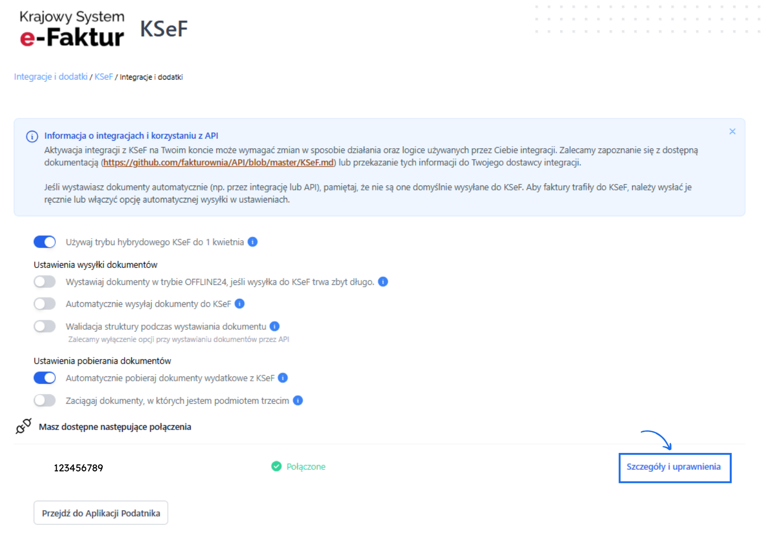 Panel KSeF z ustawieniami integracji, opcjami dokumentów i przyciskiem „Szczegóły i uprawnienia