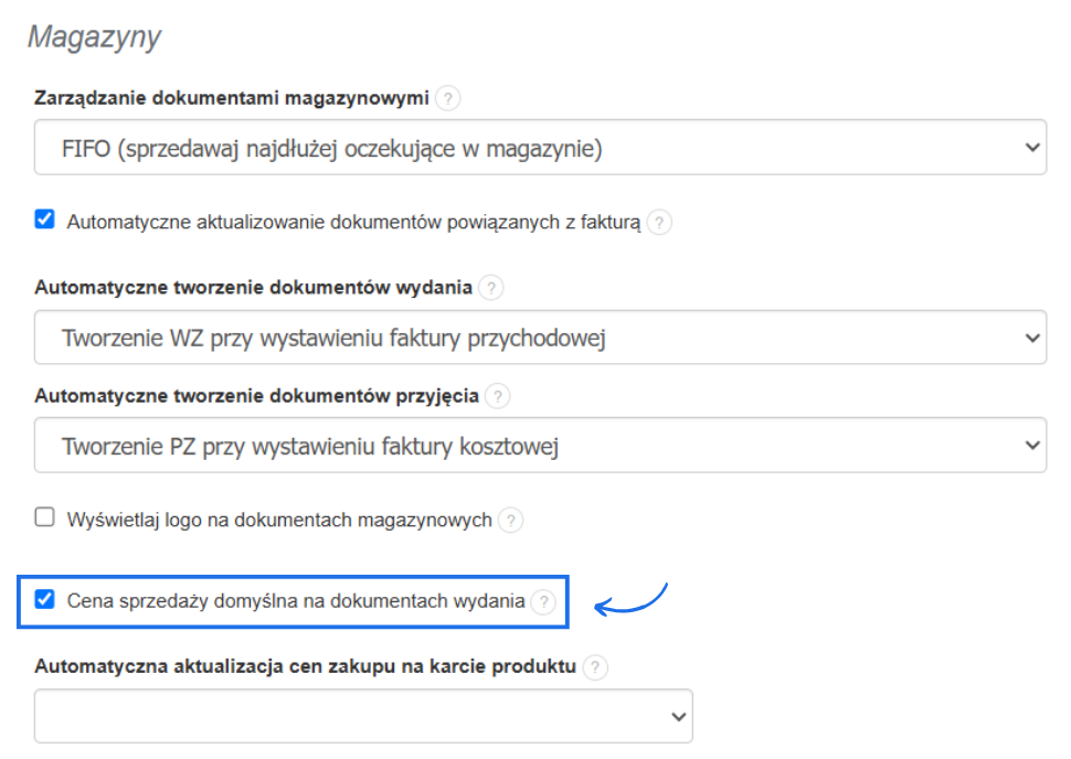 Ustawienia konta w systemie Fakturownia dotyczące sekcji magazynu z aktywną opcją domyślnego wyświetlania cen sprzedaży na dokumentach magazynowych wydania.