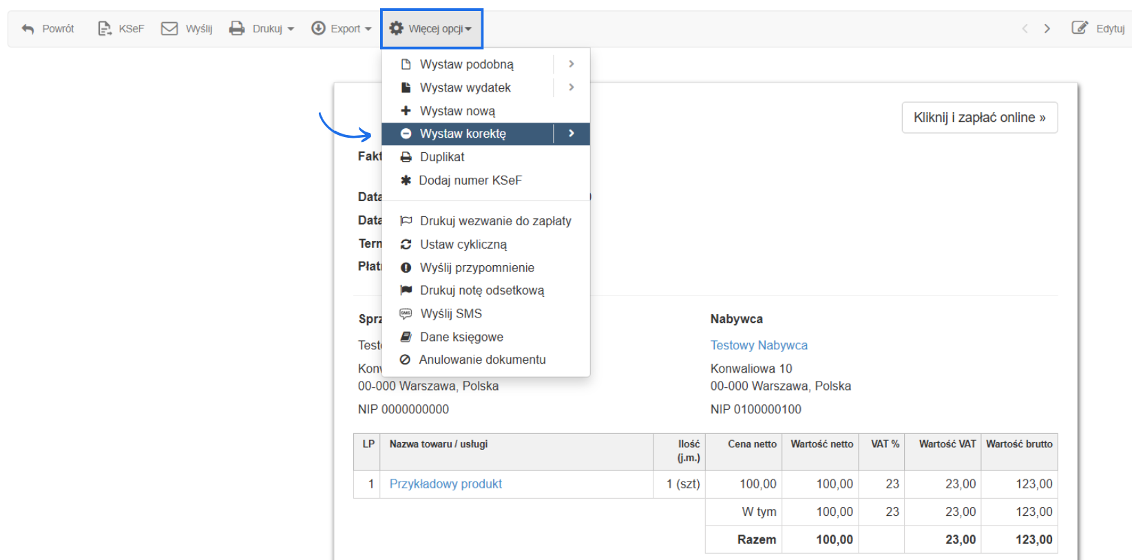 Podgląd faktury VAT dla testowego nabywcy z opcją wystawienia korekty.